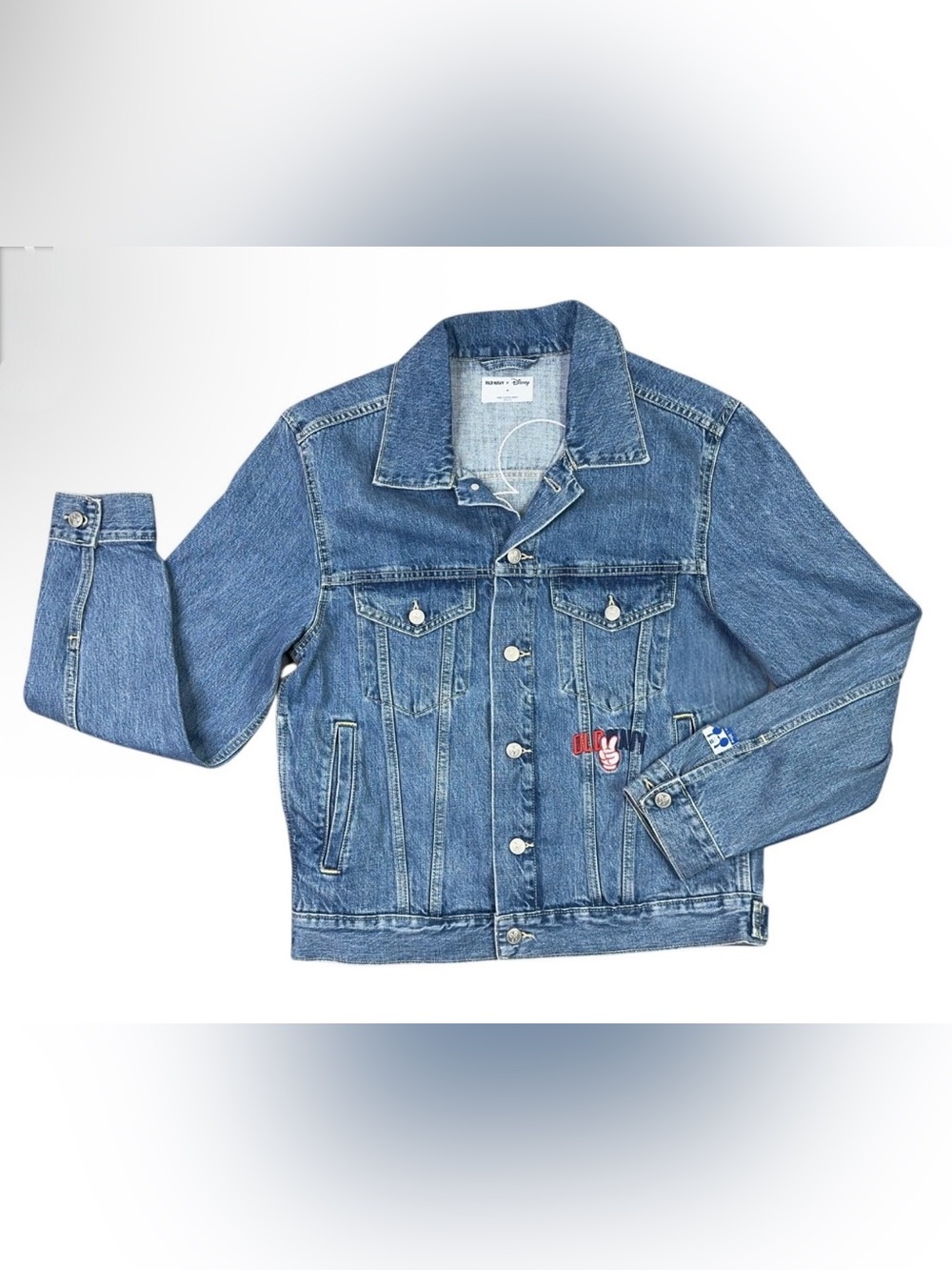 Mickey Mouse Denim Jacket L Unisex Blue Jean Embroidered Old Navy Disney NWT
